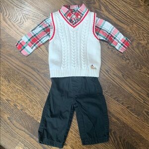 Plaid Holiday Button-Up Shirt, Vest, and Black Pants Set 6-12mo